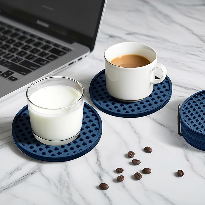 Coasters for Drinks, Silicone Coasters Set of 16 with Metal Holder, Outdoor Coaster for Coffee Table, Non-Slip Rubber Table Cup Mat Desk, Heat Resistant & Scratch-Proof (Navy Blue)