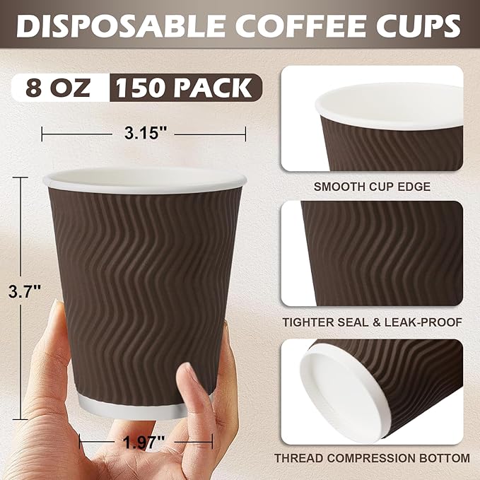 150 Pack 8 oz Coffee Cups, Disposable Corrugated Insulated Ripple Wall Paper Coffee Cups 8 OZ for Hot or Cold Drinks Office Home Cafe Party Travel (Brown)