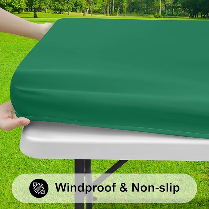 Smiry Rectangle Tablecloth, Elastic Fitted Flannel Backed Vinyl Tablecloths for 6ft Folding Tables, Waterproof Wipeable Table Covers for Indoor, Outdoor, Picnic and Camping (Emerald Green, 30"x72")