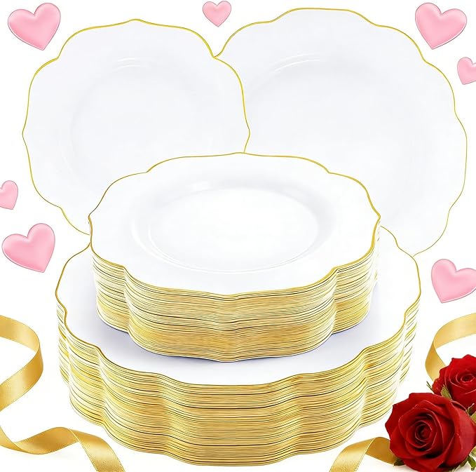 NOCCUR 120PCS White and Gold Plastic Plates - 10.25inch and 7.5inch Gold Disposable Plates Set Heavy Duty for Party/Wedding/Valentine's Day