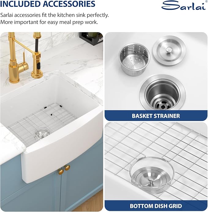 Sarlai 24 White Farmhouse Sink - 24 Inch Small Farmhouse Sink White Apron Front Ceramic Porcelain Fireclay Single Bowl Farm Kitchen Sink Laundry Room Sinks