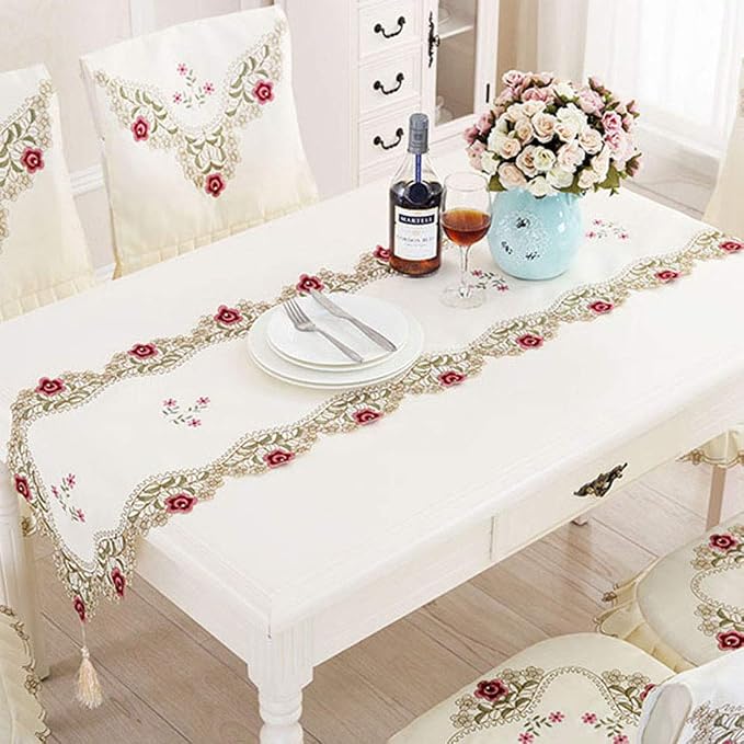 LeLehome 15" X 86" Classic Table Runner, Flowers Embroidery Lace Beige Floral - Image 2