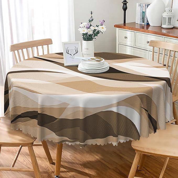 Laeacco 48 Inch Brown Modern Round Tablecloth Striped Geometric Abstract Art Print Table Cloth Washable Waterproof Wrinkle Free Table Cover for Kitchen Dining Picnic Party Decoration