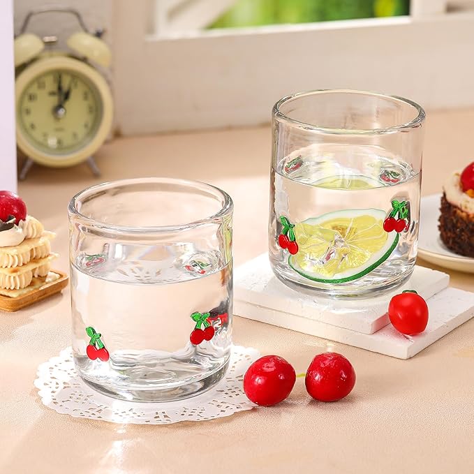 Icon Juice Glasses, 14oz Stemless Wine Drinking Juice Glass Cup for Valentine Party Supplies Gift(2 Pcs,Cherry)