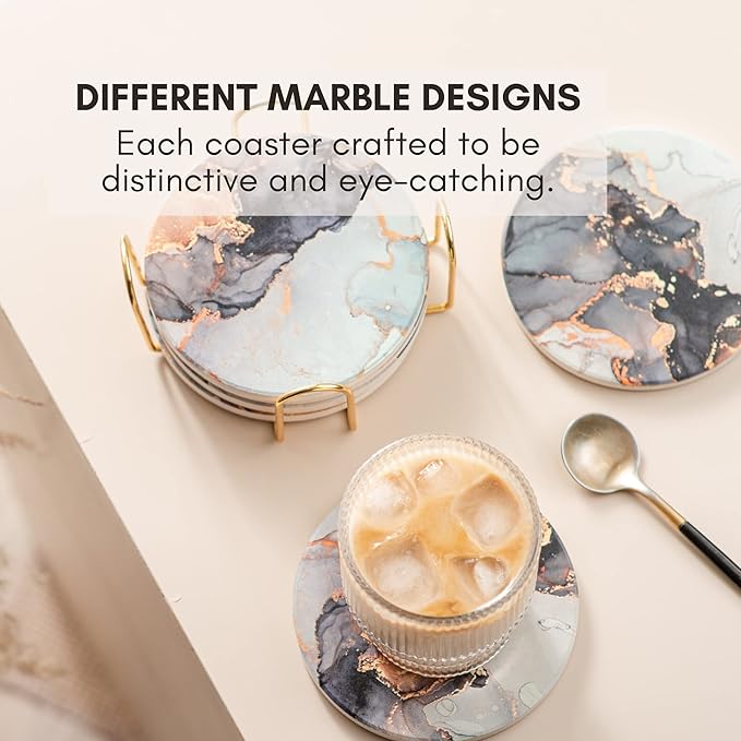 Ceramic Absorbent Coasters Set of 6 with Holder, Marble Drink Coasters for Coffee Table, Water Absorbing Coaster (Twinkle Gold Holder)