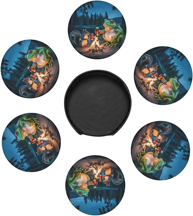 Happy Camper Frog Coasters for Drinks Set of 6, Round Leather Coaster - Image 7