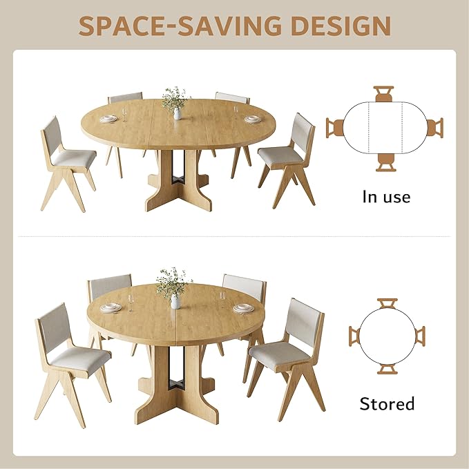 iPormis 59" Round Extendable Dining Table for 4-6, Modern Kitchen Table with Heavy Duty Pedestal Base & Wooden Top, Oval Dining Room Table for Dining Living Room, Easy Assembly, Oak