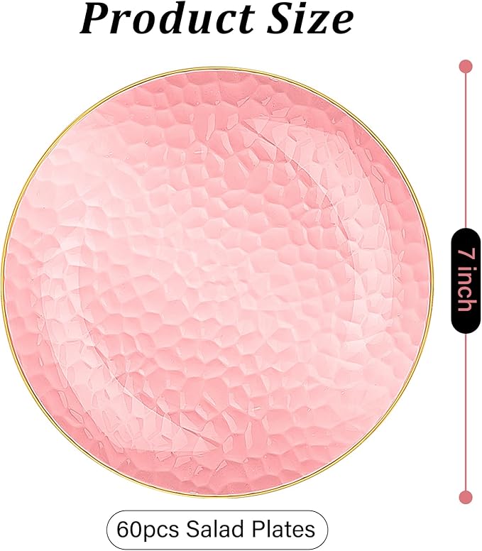 Rubtlamp 60 Pcs Pink Gold Plastic Plates, Gold Hammered Disposable Salad Plates, 7 Inch Disposable Dessert Platos, Plastic Dessert Appetizer Platos Perfect for Mother's Day