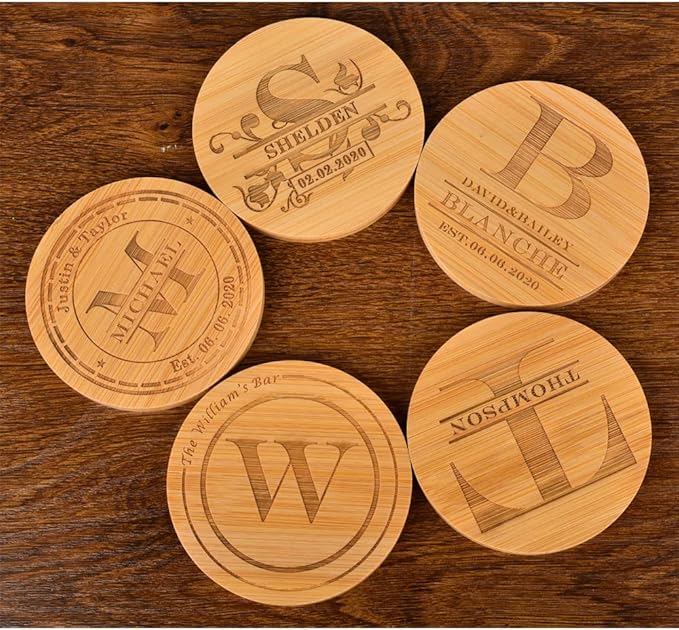 Personalized Coasters, Custom Engraved Coasters, Bamboo Coasters for Drinks, Monogram Coasters with Holder, Great Gifts for Relatives, Friends or Yourself (T, Set of 4)
