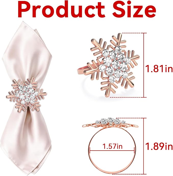 ZeeDix Christmas Snowflake Napkin Rings Set of 6- Rose Gold Rustic Dinner Tables Setting Decoration for Wedding Receptions, Christmas Holiday Party Dinner Parties