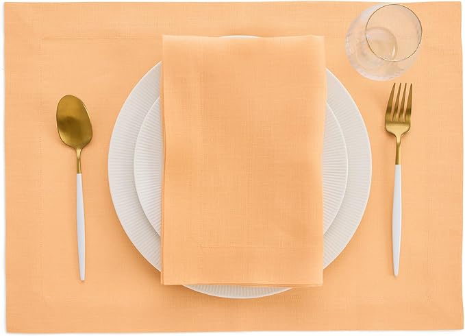 Solino Home Linen Napkins Set of 4-100% Pure Linen Peach Dinner Napkins Cloth 20 x 20 Inch for Valentines, Spring, Easter - Fete, Handcrafted and Machine Washable