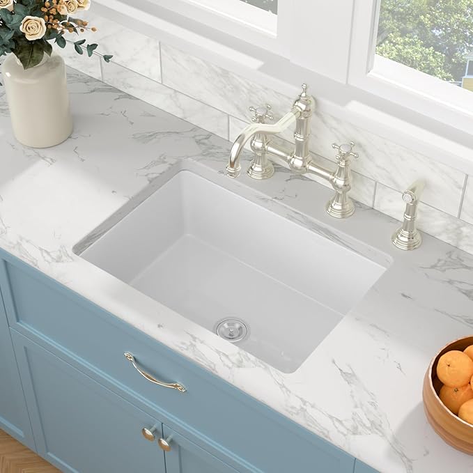 Sarlai 27 Inch White Undermount Sink Fireclay 27x19 Inch White Kitchen Sink Dual Drop in & Undermount Kitchen Sinks Single Bowl Deep Porcelain Ceramic Basin