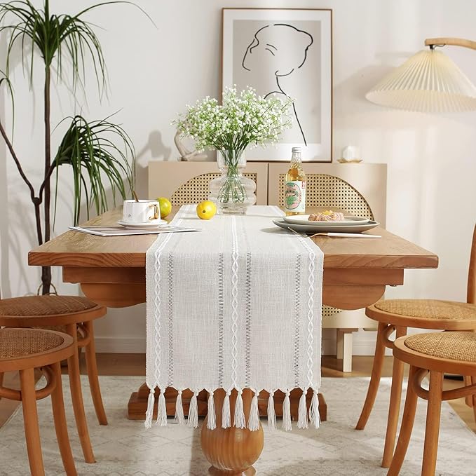 Wracra Rustic Linen Table Runner, Ivory Table Runners 108 inches Long | Raised by Wracra