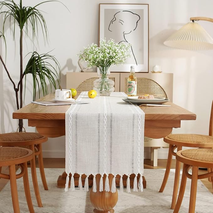 Wracra Rustic Linen Table Runner, Ivory Table Runners 72 inches Long | Raised by Wracra