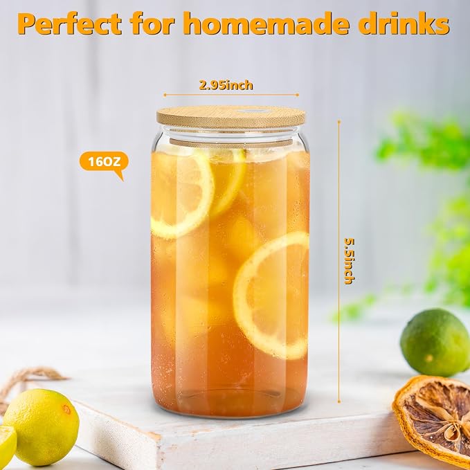 sungwoo 6PCS Glass Cups with Bamboo Lids and Straws, 16OZ Ice Coffee Cup - Image 5