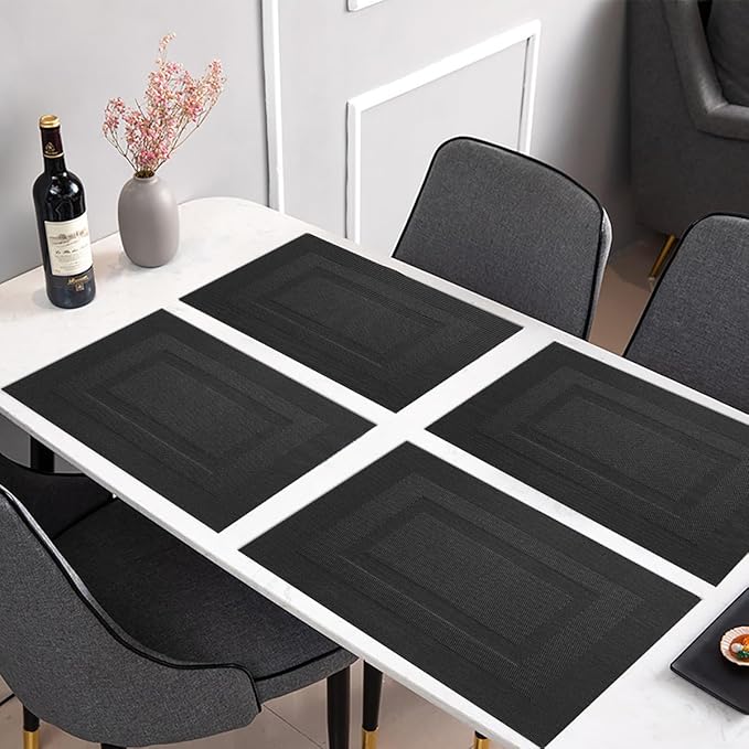 PIGCHCY Placemats Set of 8 Washable Durable Place Mats Vinyl Heat Resistant Non-Slip Table Mats Indoor Outdoor (Pure Black)