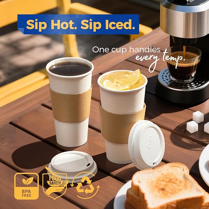 Fit Meal Prep 500 Pack 20 oz Disposable Coffee Cups with Lids, Sleeves, Leak-Proof To Go Coffee Cups with Lids, Durable Hot Paper Cups for Home, Office, Party, Business