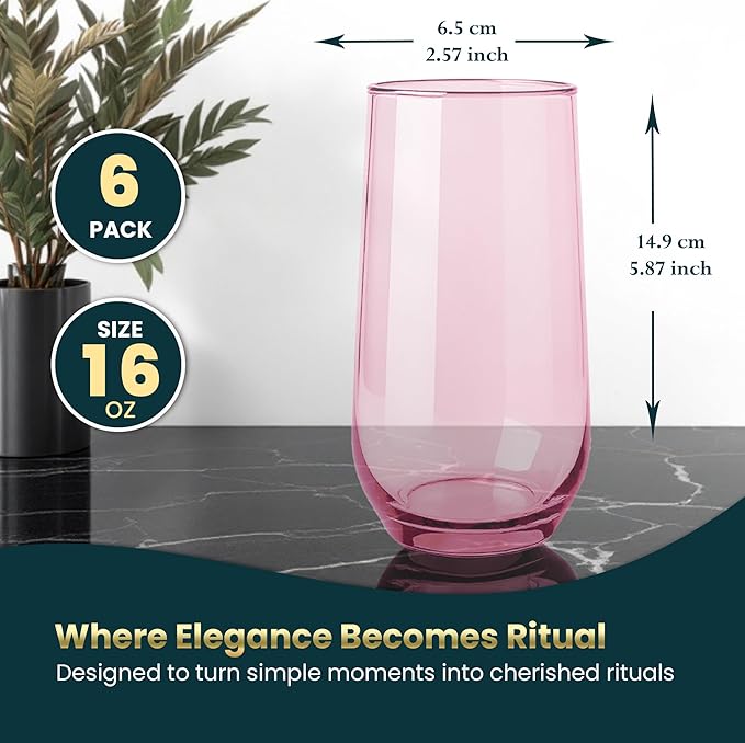 Pink Highball Drinking Glasses Set of 6 | 16 oz Pink Glass Cups for Cocktails, Barware, Juice, Ice Tea, Mojito | Elegant Tall Drinkware for Parties and Everyday Use | Gift For Her
