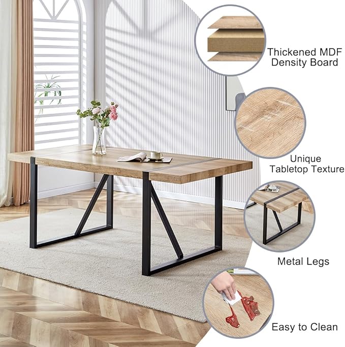 Dinner Table Set for 6, Modern 71'' Rectangle Wood Dining Table and Fabric Chairs Set of 6,Dining Table Set for 6 with Chairs, Ideal for Kitchen Dining Room