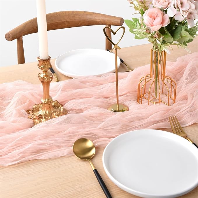 Joanlody Peach Cheesecloth Table Runner Spring Easter 10Ft Rustic Gauze Boho Cheese Cloth Table Runner for Wedding Bridal Baby Shower Decoration