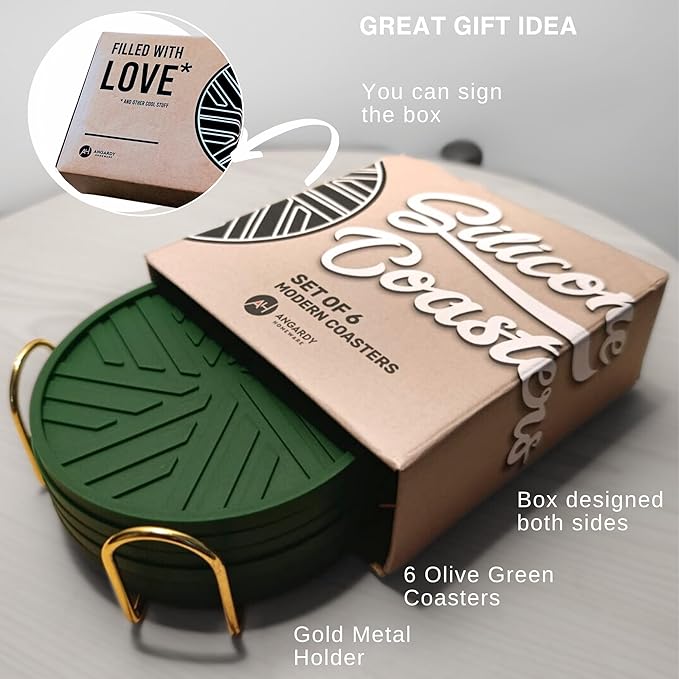 Silicone Drink Coasters, Set of 6, with Smart, Modern Groove Patterns and Gold Holder, Protects Your Coffee Table, Home Office Bar Decor, Olive Green
