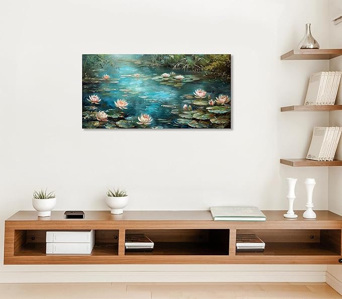 ADJUVANT Wall Art Impressionist Water Lily Pond 40" L x 20" W, Lotus Flower Canvas Painting Nature Artwork Green Water and Pink Blooms Prints Wall Decor for Living Room Bedroom Study Home Office