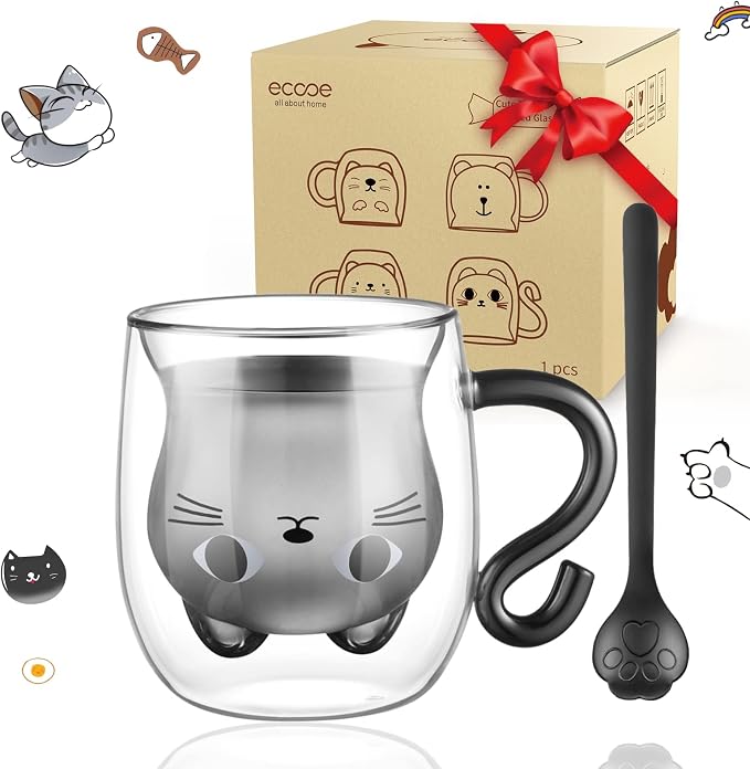 ecooe Cute Cat Mug Glass Coffee Cup 9.8oz Double Walled Glass Mug Cappuccino by ecooe
