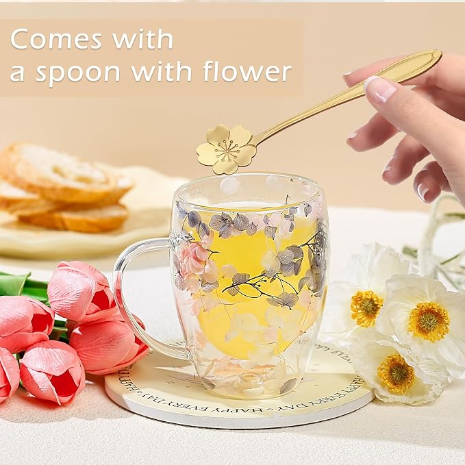 Gifts for Women Dried Flowers Double Wall Glass Coffee Mugs Cute Glass Tea Cups - Image 2