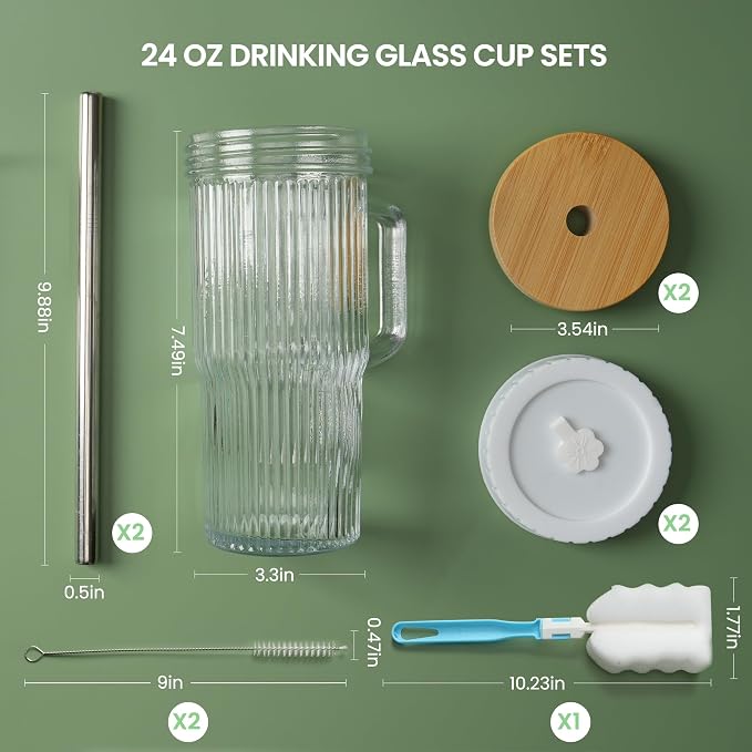24oz Ribbed Glass Tumbler With Handle, Reusable Glass Iced Coffee Cups With lids - Image 4
