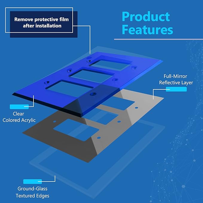LIDER Reflective Acrylic Decorator Wall Plate, Mirrored Light Switch Plate, Plexiglass Outlet Cover, Acrylic Glass, Oversized 3-Gang 5.25" x 7.06", LWP-33O-ABL5P, Blue, 5 Pack