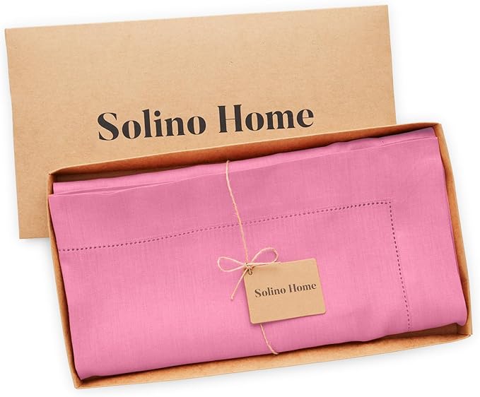 Solino Home Linen Flamingo Pink Tablecloth 60 x 144 Inch - Classic Hemstitch, 100% Pure Linen Rectangular Tablecloth - Machine Washable Table Cloth for Valentines, Spring, Easter