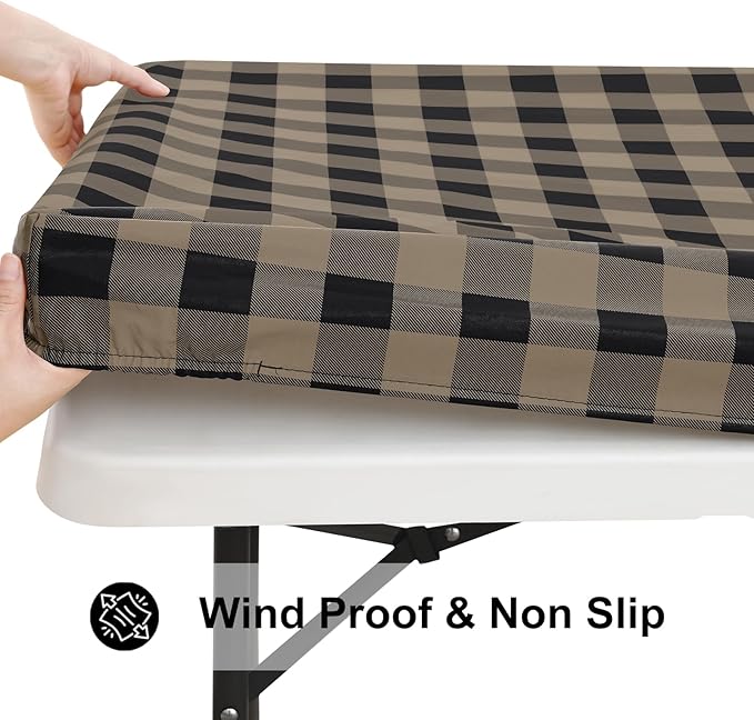 Smiry Rectangle Picnic Table Cloth, Elastic Waterproof Fitted Vinyl Tablecloths, Flannel Backed Buffalo Plaid Table Covers for Dining, Camping, Outdoor (Black and Khaki, 30" x 48")