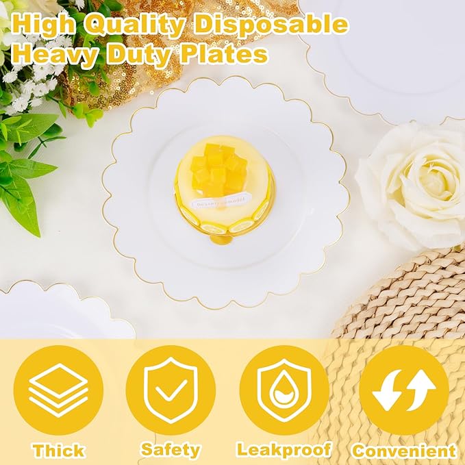 LIYH 100 Pcs Gold White Dessert Plates - 7.5" Disposable Fancy Cake Plates - White with Gold Rim Premium Hard Appetizer Cake Plastic Wedding Plate for Party,Bridal Shower,Birthday,Valentine's Day