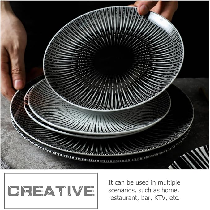 Cabilock 10-inch Dinner Plate and Dessert Dish Ceramic Pasta Serving Plate with Dark Striped Pattern for Home and Restaurant Use