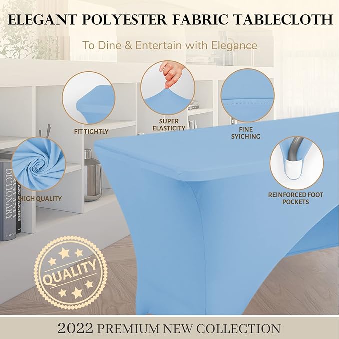 Spandex Table Cover 8 ft. Fitted Polyester Tablecloth Stretch Table Cover Table Topper Open Back - Lightblue