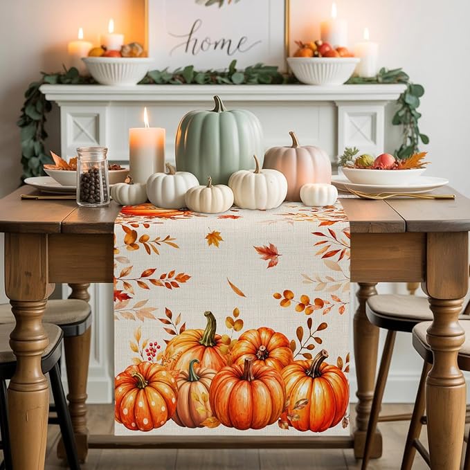 Orange Pumpkins Table Runners 72 Inches Long, Fall Thanksgiving Cotton Linen - Image 2