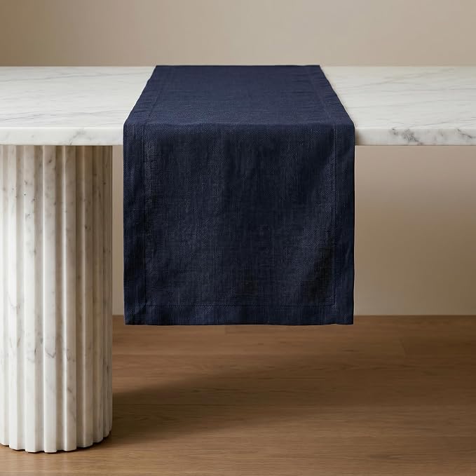 Solino Home 100% Pure Linen Dining Table Runner Navy Woven, Fete 14 x 72 in | by SolinoHome