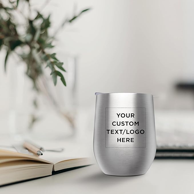 Custom Stemless Wine Glass Tumblers with Lids by Largo 11 oz. Set of 24, Personalized Bulk Pack - Perfect for Wine, Cocktails, Other Hot & Cold Beverages - Silver