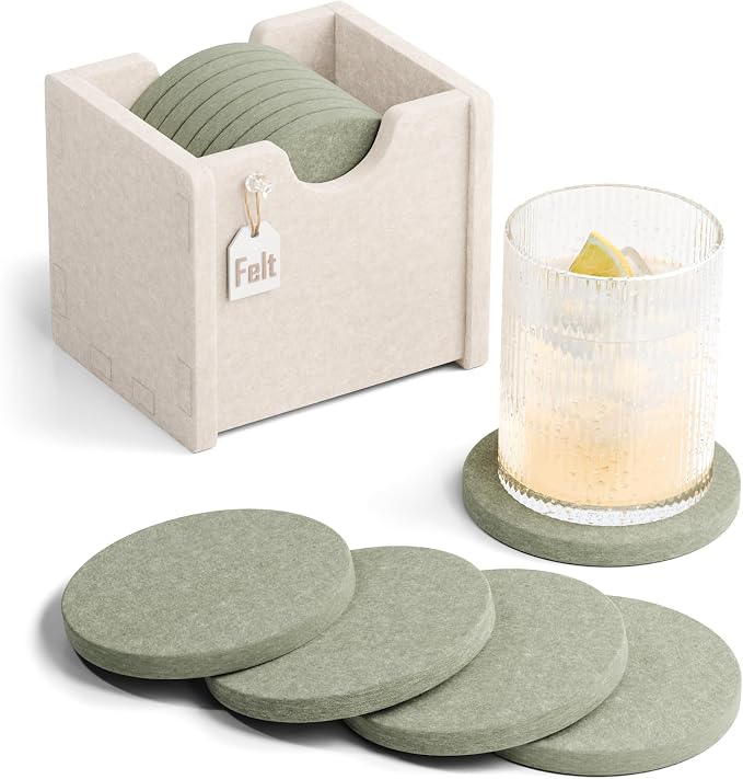 Fluxynara Felt Coasters with Holder, Sage | Round Felt Coasters, Heat-Resistant by FLUXYNARA