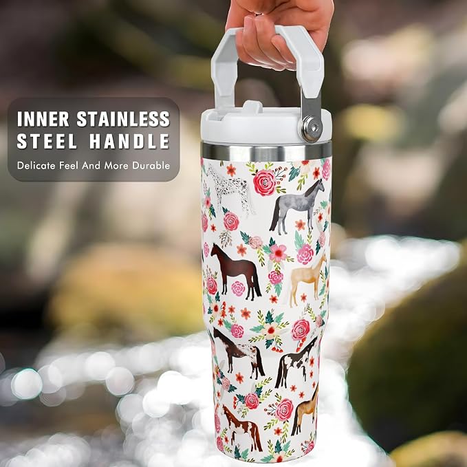 30 oz Horse Tumbler with Handle and Flip Straw, Vacuum Insulated Water Bottle - Image 3