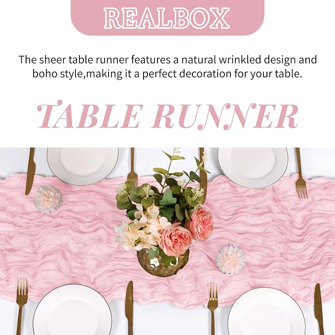3 Pack Light Pink Cheesecloth Table Runner 17x108 Inch Semi Sheer Boho Gauze - Image 4