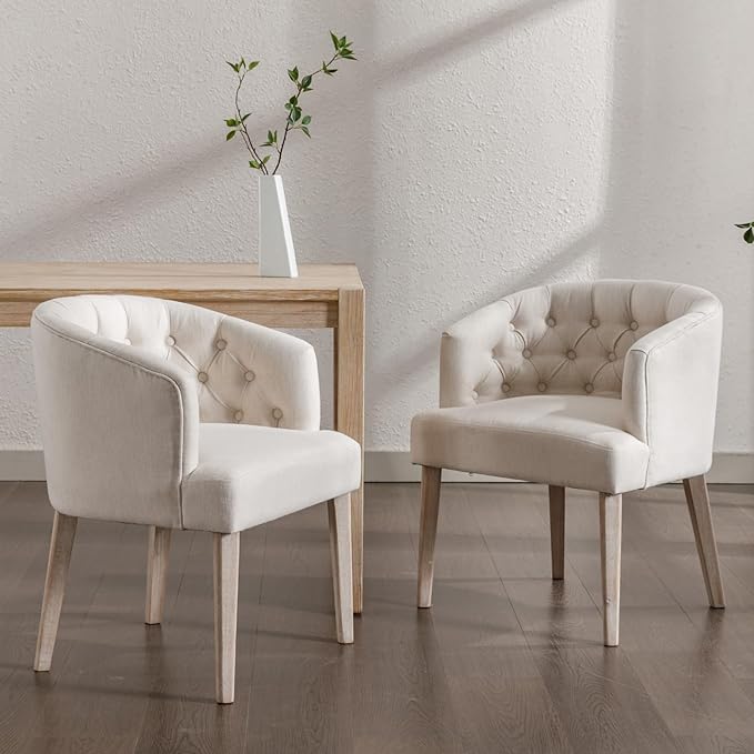 Mid-Century Dining Chairs Set of 6, Tufted Upholstered Linen Dining Room Chairs Comfy Side Chair Armchair Guest Chair with Wooden Legs for Dining Room Living Room, Beige
