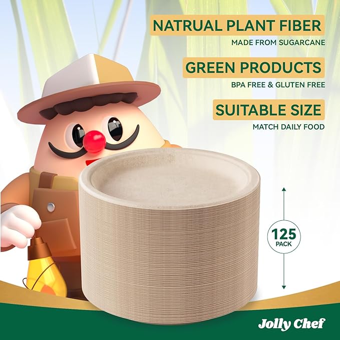 JOLLY CHEF Compostable Heavy Duty Plates 𝟭𝟬 𝗜𝗻𝗰𝗵 [𝟭𝟮𝟱 𝗣𝗮𝗰𝗸] Eco-Friendly Disposable Paper Plates Natural Bagasse Biodegradable Sugarcane Bulk for Party Hot Cold Dinner Christmas (Brown)