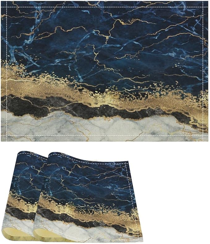 Marble Linen Placemats Set of 2, 12x17 Inch Modern Luxury Foil Cracked Texture Navy Blue Gold Marble Table Mats Washable Fabric Place for Party Kitchen Wedding Dining Banquets Decor
