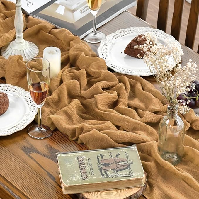 Artoid Mode Boho Cheesecloth Gauze Mustard Yellow Wedding Table Runner - Image 6