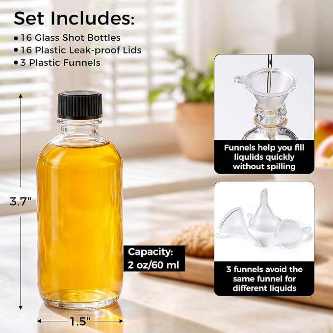 AOZITA 16 Pack, 2 oz Small Clear Glass Bottles w/Lid & 3 Funnels - 60ml Boston - Image 5