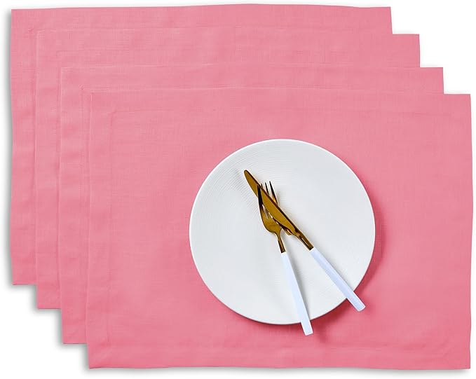 Solino Home Linen Cloth Placemats Set of 4 - 100% Pure Linen Pink Carnation Placemats 14 x 19 Inch for Valentines, Spring, Easter - Fete