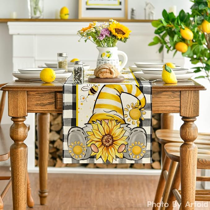 Artoid Mode Buffalo Plaid Sunflower Gnomes Bee Summer Table Runner, Seasonal - Image 2