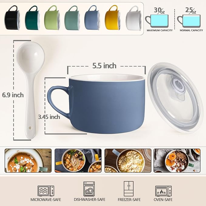 Soup Bowls with Handles & Spoons, 30oz Ceramic Ramen Bowl with Lid, Large Soup - Image 2