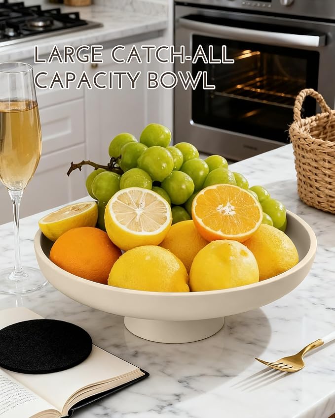 11.81" Pedestal Fruit Bowl, Concrete Large Decorative Fruit Bowls, Modern Fruit Bowl For Kitchen Counter, Footed Entryway Bowl For Keys, Cream White Decorative Entryway Table Bowl-Beige